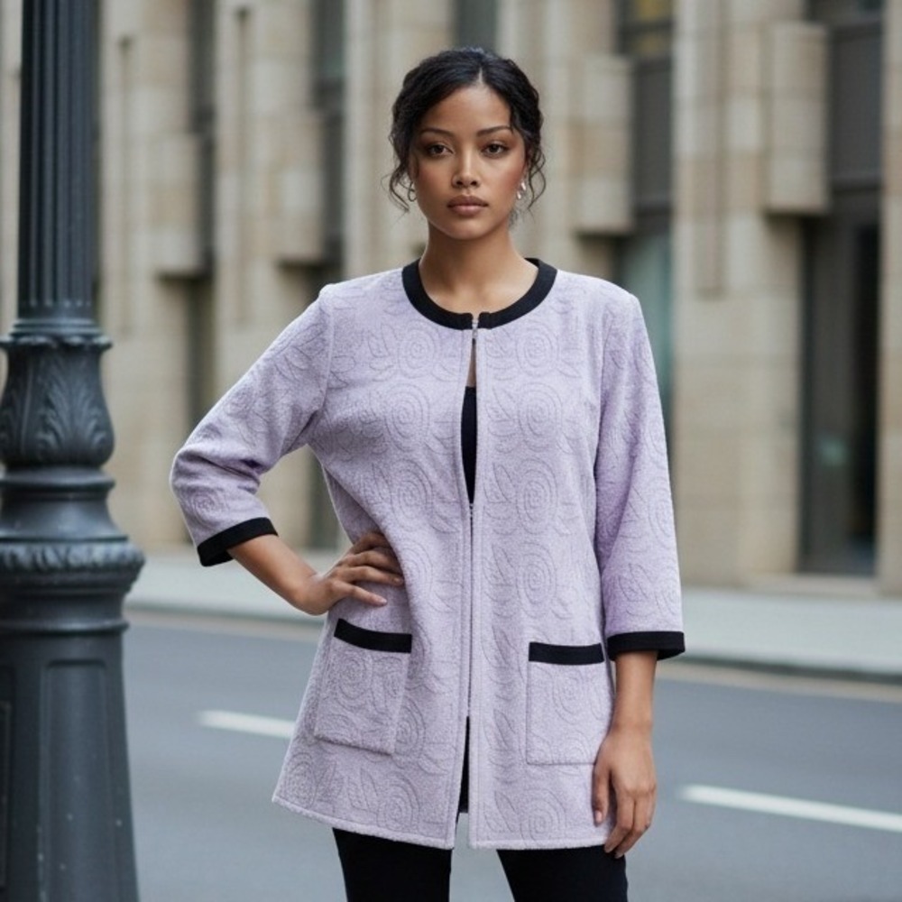 Exclusively Misook XL Vintage Y2K Cardigan Zip Lavenderβ Embossed Sweater Jacket